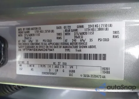 2022 Ford F-150 Lariat from USA, damaged, VIN 1FTFW1E83NKD97941